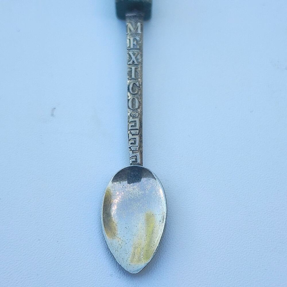 Vintage Mexico Souvenir Spoon Alpaca Silver Jade Handle Aztec Mayan Totem 4in - Picture 5 of 8